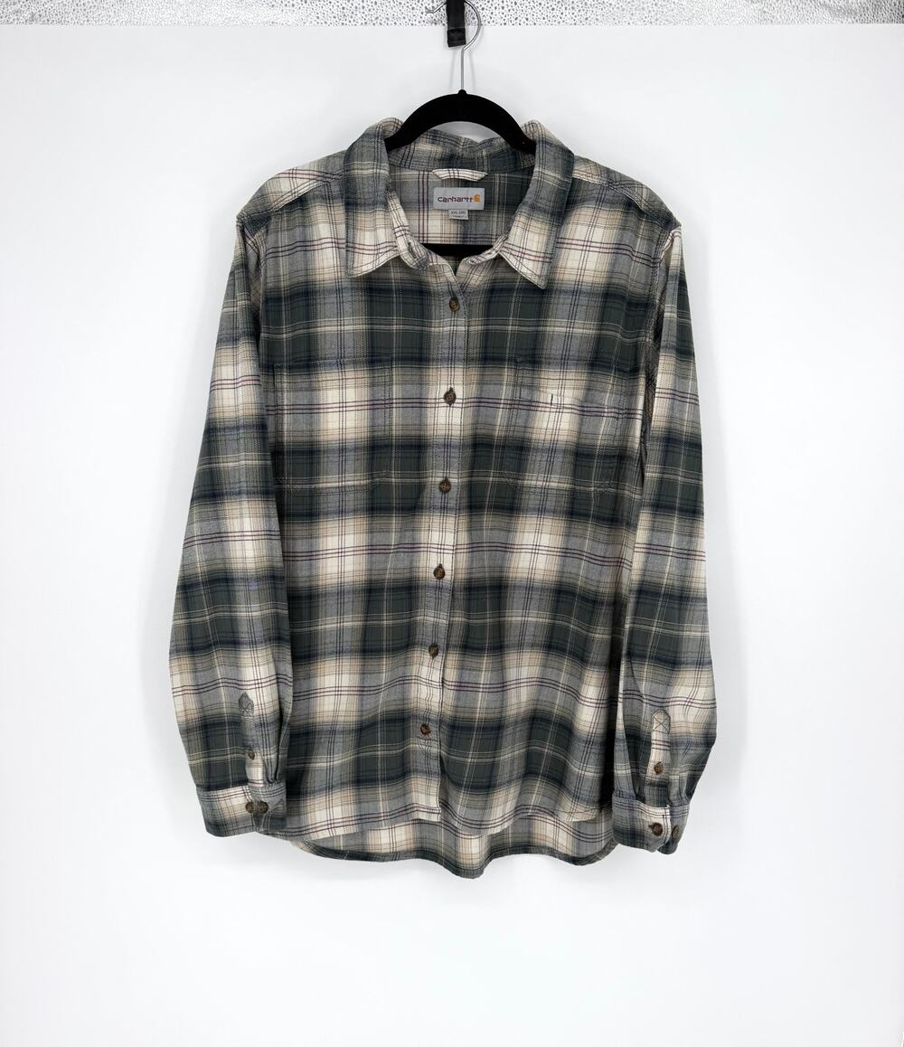 Carhartt Womens XXL 20 Plaid Flannel Button Up Shirt Green Cream Workwear